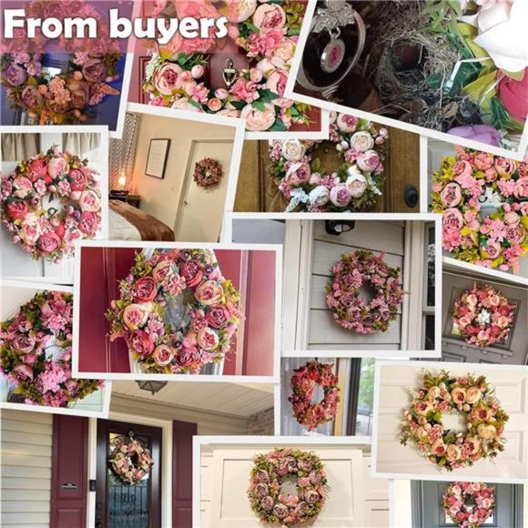 Artificial Peony Flower Wreath 19Inch Vintage Blooming SilkPeonies Spring Summer - Picture 2 of 8